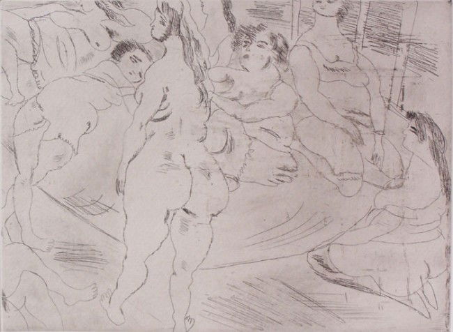 JULES PASCIN Etching French Bulgarian Ecole de P: JULES PASCIN 1885-1930 Vidin, Bulgaria 1885-1930 Paris (Bulgarian/French/American) Title: The Friends / Les Amies, 1926 Technique: Original Stamp Signed and Hand Numbered Etching on vellum paper Paper