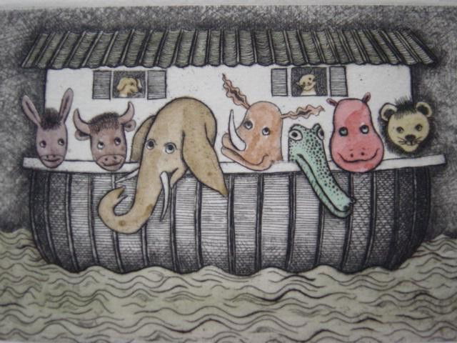 CHRISTINE CHAGNOUX Etching French: CHRISTINE CHAGNOUX 20th Century (French) Title: Arche Noah Technique: Original Hand Signed and Hand-Colored Etching on vellum paper Paper Size: 25 x 32,5 cm / 9.8 x 12.8 in Plate Size: 6,6 x 9,5 cm /