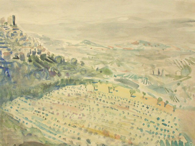 ROMAINE LORQUET Signed Watercolor Painting: ROMAINE LORQUET (Lacoste) 20th Century Title: Panorama View, 1958 Technique: Original Hand Signed and Dated Watercolor painting on light yellow colored paper Size: 24 x 31.5 cm / 9.5 x 12.4 in Additio