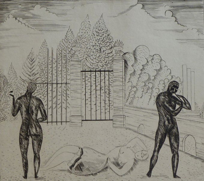 JOSEPH HECHT H.Signed Drypoint: JOSEPH HECHT (1891-1951) (French) Title: Reclining Femalewith Two Standing Figures, circa 1920's. Technique: Original Hand Signed and Numbered Etching on laid paper Paper Size: 39 x 42 cm / 15.3 x 16.