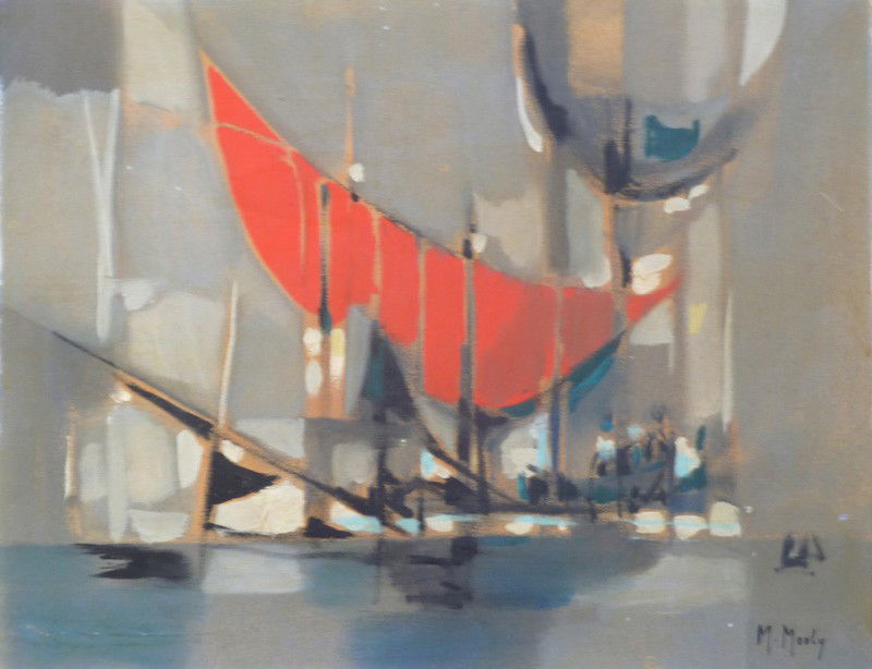 MARCEL MOULY Signed Oil Painting French Cubism: MARCEL MOULY 1918-2008 (French) Title: Sail Boat Technique: Original Hand Signed Oil Painting on cardboard Size: 50.3 x 64.4 cm / 19.8 x 25.3 in Additional Information: The work is hand signed by the