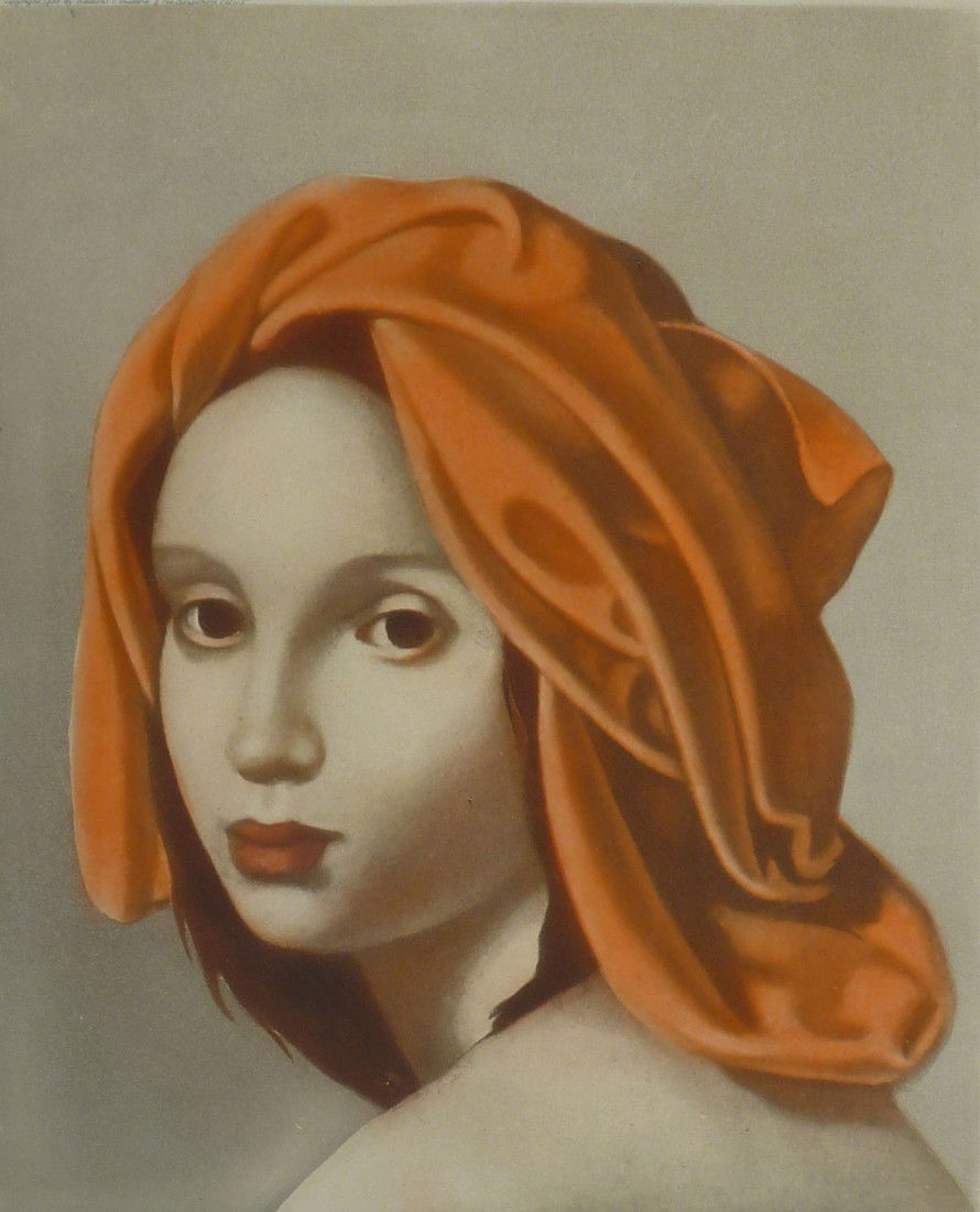 TAMARA DE LEMPICKA H.Signed Aquatint Art Deco Ru: TAMARA DE LEMPICKA 1898-1980 1898 - Berlin - 1980 (Polish/American) Title: Woman Wearing an Orange Turban, 1956 Technique: Hand Signed and Inscribed Aquatint in colour on BFK Rives paper Paper Size: 5