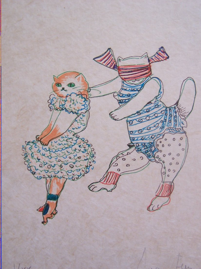 LEONOR FINI H.Sig.Lithograph Cats Surrealism: LEONOR FINI 1908-1996 Buenos Aires 1908-1996 Paris Title: Two Cats Playing Hide and Seek, 1973 Technique: Original Hand Signed and Numbered Lithograph in colours on Japon paper Paper Size: 32 x 24 cm 
