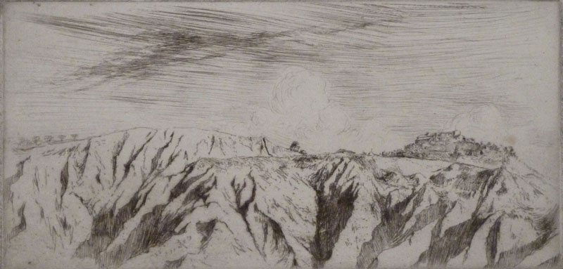 EDGAR CHAHINE Hand Signed Etching Armenian 1906: EDGAR CHAHINE Venice 1874-1947 France (Armenian / French / Italian) Title: Monte Oliveto Maggiore - Terrains crayeux - Vue sur Poggi le Monache, 1906 Technique: Original Hand Signed Etching in on old