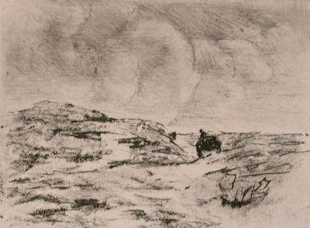 MAX LIEBERMANN Etching German Art 1891: MAX LIEBERMANN 1847-1935 Berlin 1847-1935 (German) Title: In the Dunes at Katwijk / In den Dúnen bei Katwijk, 1891 Technique: Original Hand Signed Etching (dry point) with full margins on Japan-Bútt