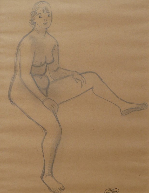 ANDRE DERAIN Stamped Drawing Fauvism French Art Nude: ANDRE DERAIN 1880-1954 Chatou, Paris 1880-1954 Garches Title: Sitting Nude Technique: Original Stamped Pencil Drawing on Brown Paper Size: 32.5 x 25.5 cm / 12.7 x 10 in Additional Information: This is