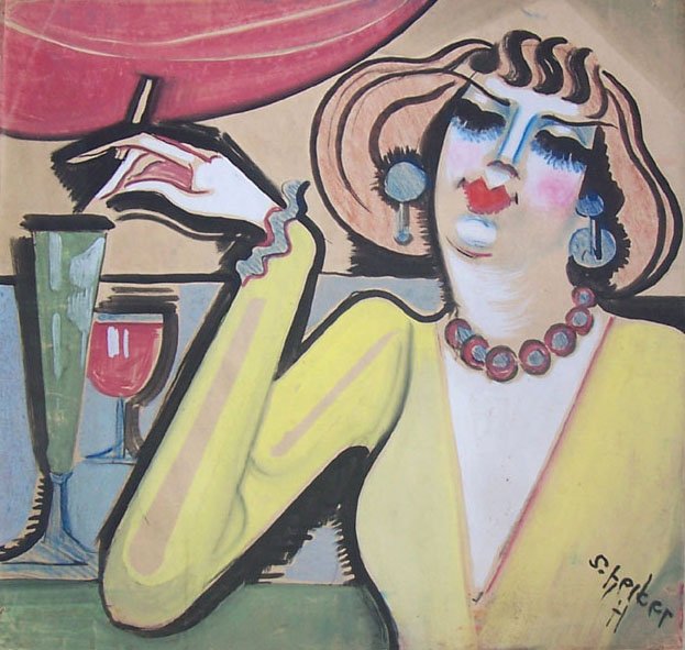 HUGO SCHEIBER Signed Painting Hungarian Art: HUGO SCHEIBER 1873-1950 1873 - Budapest-1950 (Hungarian) Title: Woman at the Bar Technique: Original Signed Gouache and Tempera Painting on paper Size: 54 x 52 cm / 21.3 x 20.5 in Additional Informati