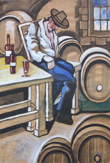 HUGO SCHEIBER Signed Painting Hungarian Art: HUGO SCHEIBER 1873-1950 1873 - Budapest-1950 (Hungarian) Title: At the Winery, 1940 Technique: Original Signed and Dated Gouache and Tempera Painting on paper laid on card Size: 60 x 42 cm / 23.6 x 16