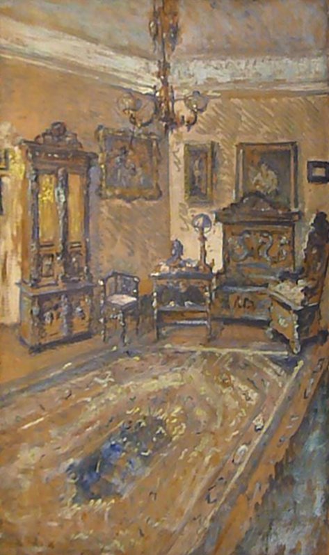 HUGO SCHEIBER Signed Painting Hungarian Art 1918: HUGO SCHEIBER 1873-1950 1873 - Budapest-1950 (Hungarian) Title: Interior (The Artist's Home?) Technique: Original Signed and Dated Oil Painting on cardboard Size: 99 x 68.5 cm / 39 x 27 in Additional