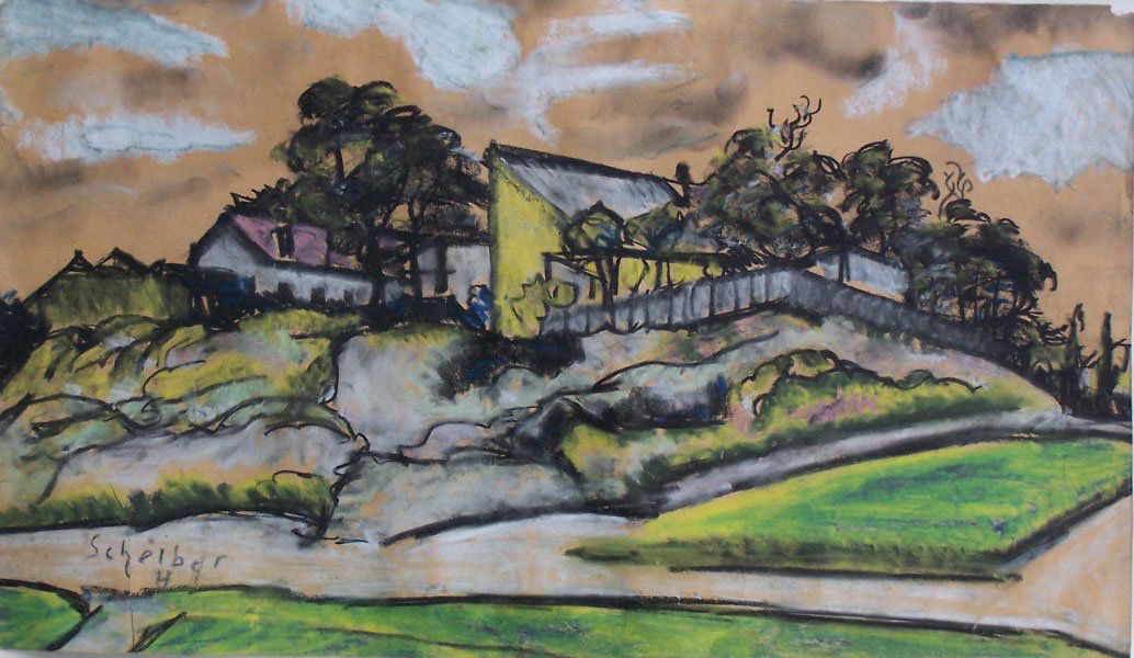 HUGO SCHEIBER Signed Painting Hungarian Art Cubism: HUGO SCHEIBER 1873-1950 1873 - Budapest-1950 (Hungarian) Title: Countryhouse Technique: Original Hand Signed Pastel and Charcoal Drawing on brown paper Size: 37 x 60 cm / 14.6 x 23.6 in Additional Inf