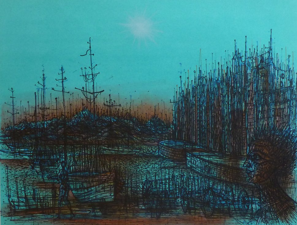 JEAN CARZOU Hand Signed Lithograph Armenian French Art: JEAN CARZOU 1907 - 2000 (Armenian/French) Title: Surrealistic Landscape, 1972 Technique: Original Hand Signed and Dated Lithograph in colours on BFK Rives paper Size: 54.5 x 75 cm / 31.1 x 25.6 in Add