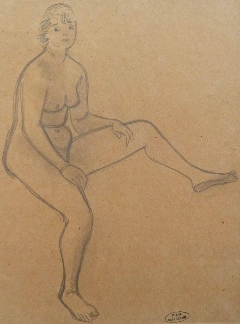 ANDRE DERAIN Stamped Drawing Fauvism French Art Nude: ANDRE DERAIN 1880-1954 Chatou, Paris 1880-1954 Garches Title: Sitting Nude Technique: Original Stamped Pencil Drawing on Brown Paper Size: 32.5 x 25.5 cm / 12.7 x 10 in Additional Information: This is