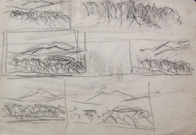 LASZLO MEDNYANSZKY Double Sided Drawing Hungarian Art: LASZLO BARO MEDNYANSZKY 1852-1919 Beckó, Slovakia 1852-1919 Vienna (Hungarian) Title: Landscape Studies Technique: Original Stamp Signed Pencil and Charcoal Double Sided Drawing on paper Size: 20 x 2