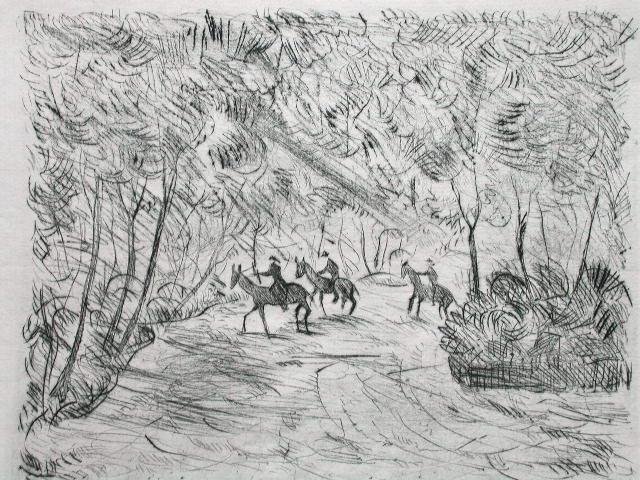 FRANZ HECKENDORLitho German Art: FRANZ HECKENDORF 1888-1962 Berlin 1888-1962 München (German) Title: Riders in the Forest Technique: Original Etching on "JW" watermarked Laid paper Paper Size: 29 x 36.5 cm / 11.4 x 14.4 in Plate Siz