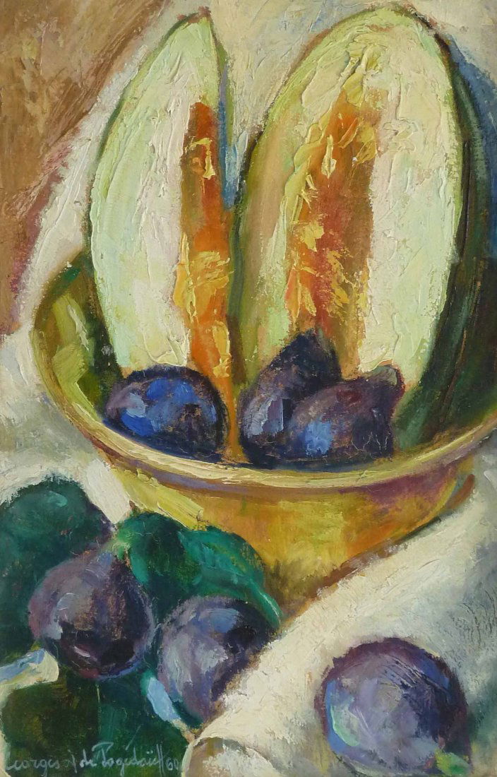 GEORGES DE POGEDAIEFF Signed Oil Painting Russian: GEORGES ANATOLOVITCH DE POGEDAIEFF 1897-1971 Pogedaievska 1897 - 1971 Ménerbes (Russian/ French)Title: Melons and Figs / Melons et Figues, 1960Technique: Original Signed and Dated Oil Painting on boa