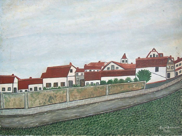 DAVID RADOVANITZ Signed Painting Polish Israeli Naive: DAVID RADOVANITZ b. 1902(Polish / Israeli)Title: Village in the Spring, 1968Technique: Original Hand Signed and Dated Oil Painting on CanvasSize: 46 x 61 cm / 18.1 x 24 inAdditional Information: This