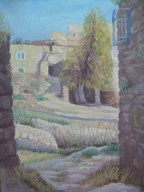 YACOV EISENBERG Painting Polish Israeli Jerusalem: YACOV EISENBERG 1897-1966Pinsk, Belarus 1897-1966 Jerusalem (Polish/Israeli)Title: A Corner in the Jerusalem SurroundingsTechnique: Original Signed Oil Painting on canvas Size: 36 x 51 cm / 14.2 x 20.