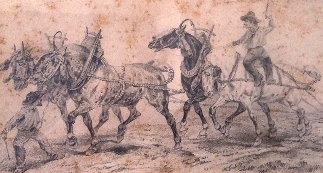 VICTOR ADAM Signed Pencil Drawing French 1801-1866: VICTOR (Jean Vincent) ADAM 1801-1866 Paris 1801 - 1866 Viroflay (French) Title: Working in the Fields Technique: Original signed Pencil drawing on paper size (approx): 16 x 27 cm / 6.3 x 10.6 in Addit