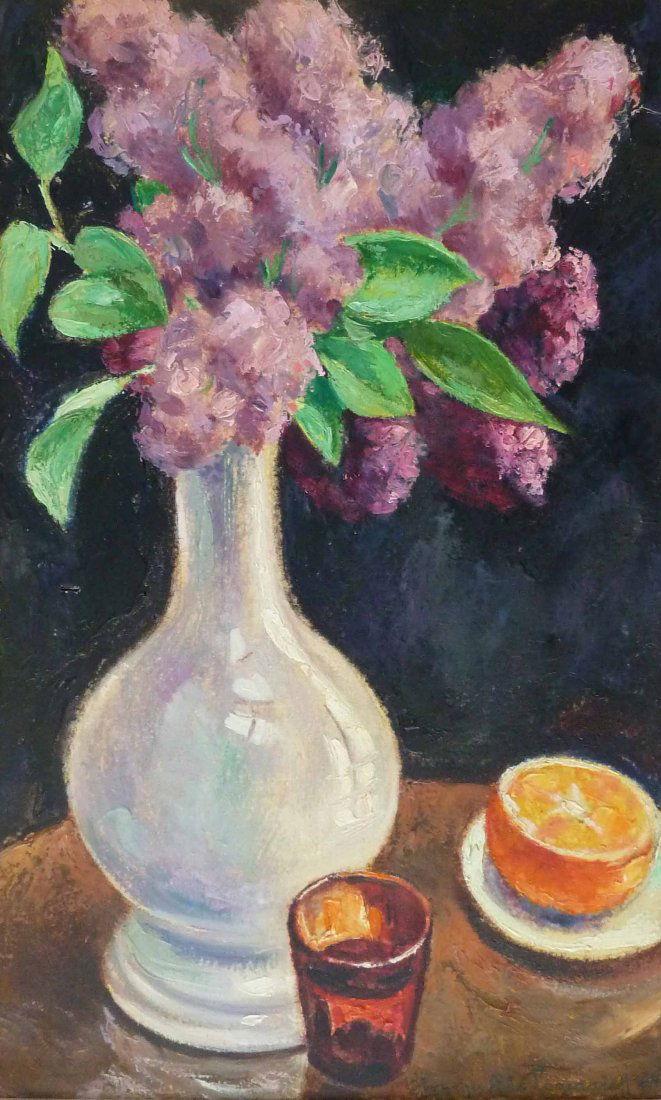GEORGES DE POGEDAIEFF Signed Oil Painting Russian: GEORGES ANATOLOVITCH DE POGEDAIEFF 1897-1971 Pogedaievska 1897 - 1971 MÃ©nerbes (Russian/ French) Title: Bouquet of Lilacs and Orange / Bouquet de lilas Ã l'orange, 1964 Technique: Original Signe