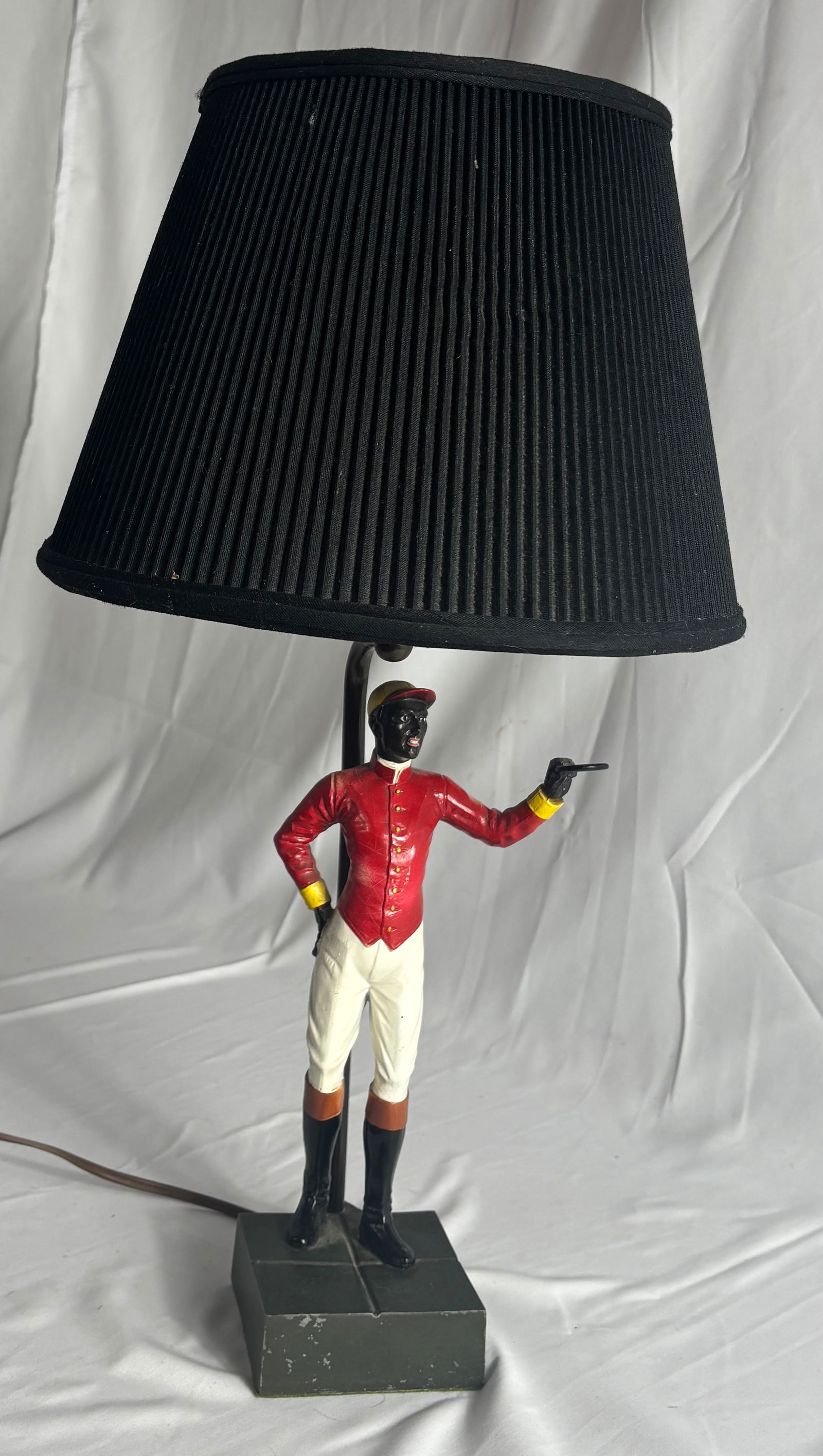 American Red Coat Jockey Lamp: American Red Coat Jockey Lamp c. 1950's Lamp in is Excellent Condition, Working Light, Shade is in Poor Condition