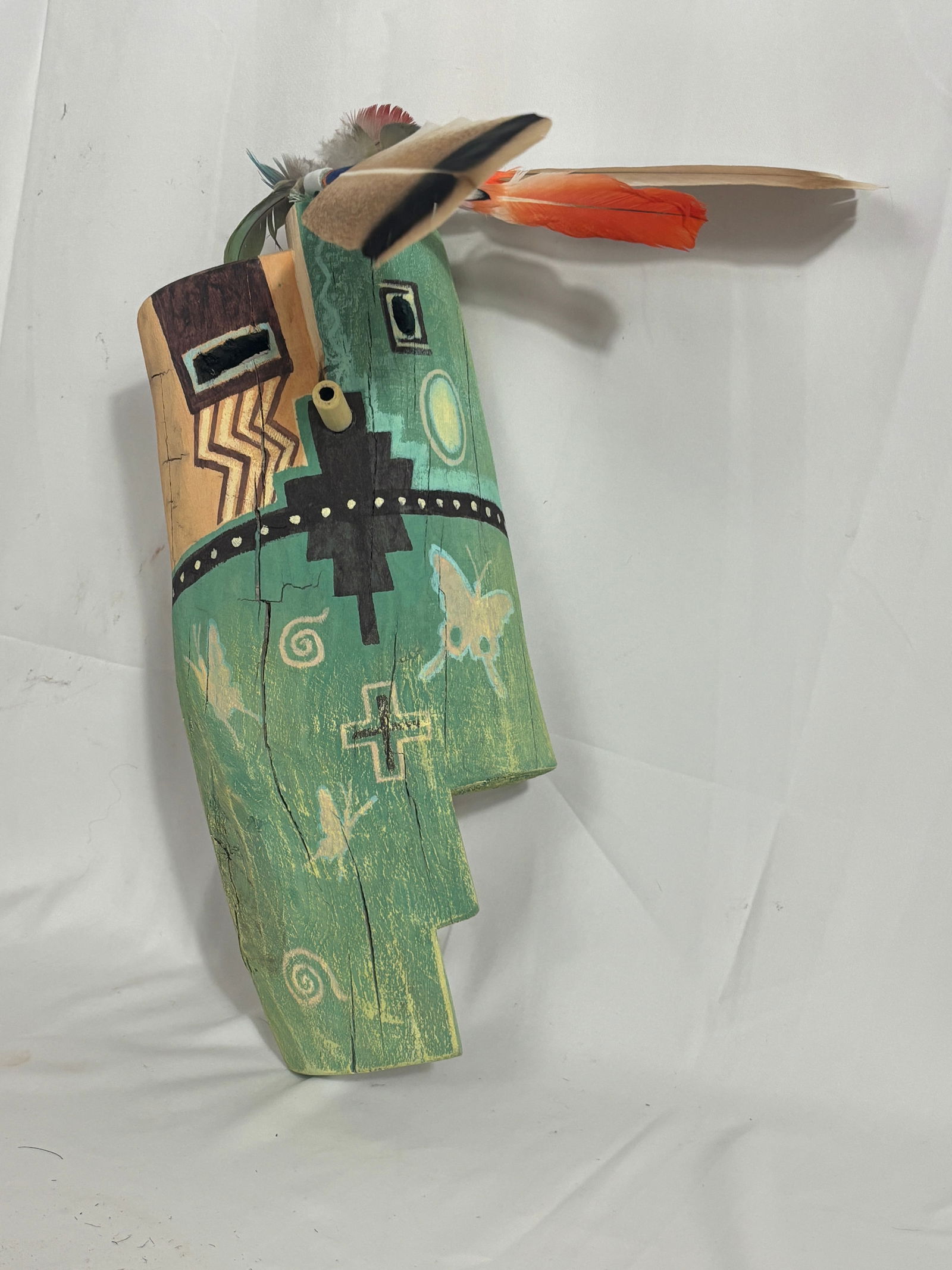 Butterfly, 2009, Peterson Yazzie (b. 1979): Peterson Yazzie (b. 1979)Materials: Wood and feathers; feathers extend an additional 8½ inches.Peterson Yazzie is a contemporary Navajo artist from Greasewood Springs, AZ. He was born in Fort