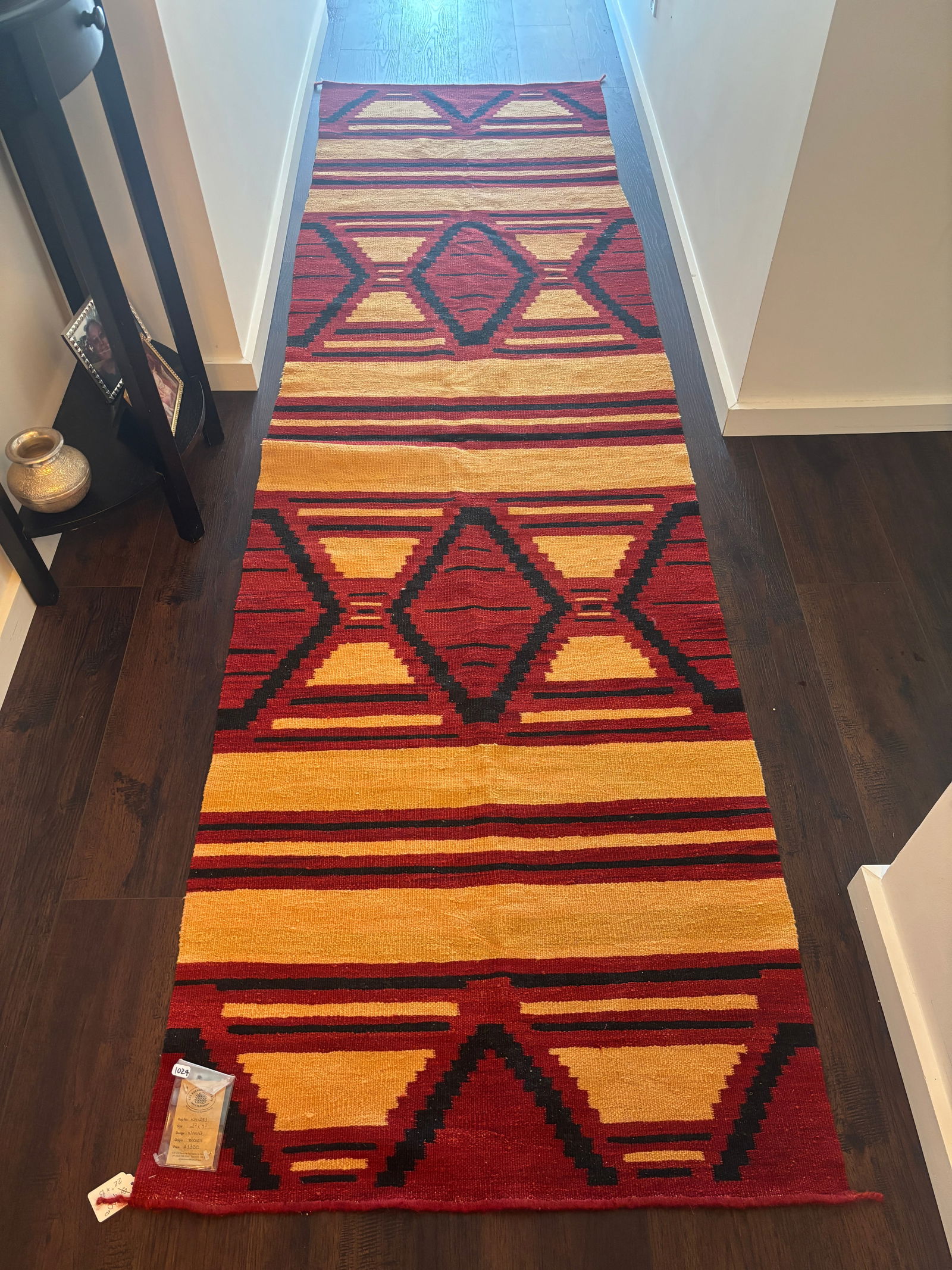 Navajo Design Rug: Purchased from The Rugman of Santa Fe, by way of Istanbul. 108" x 31"