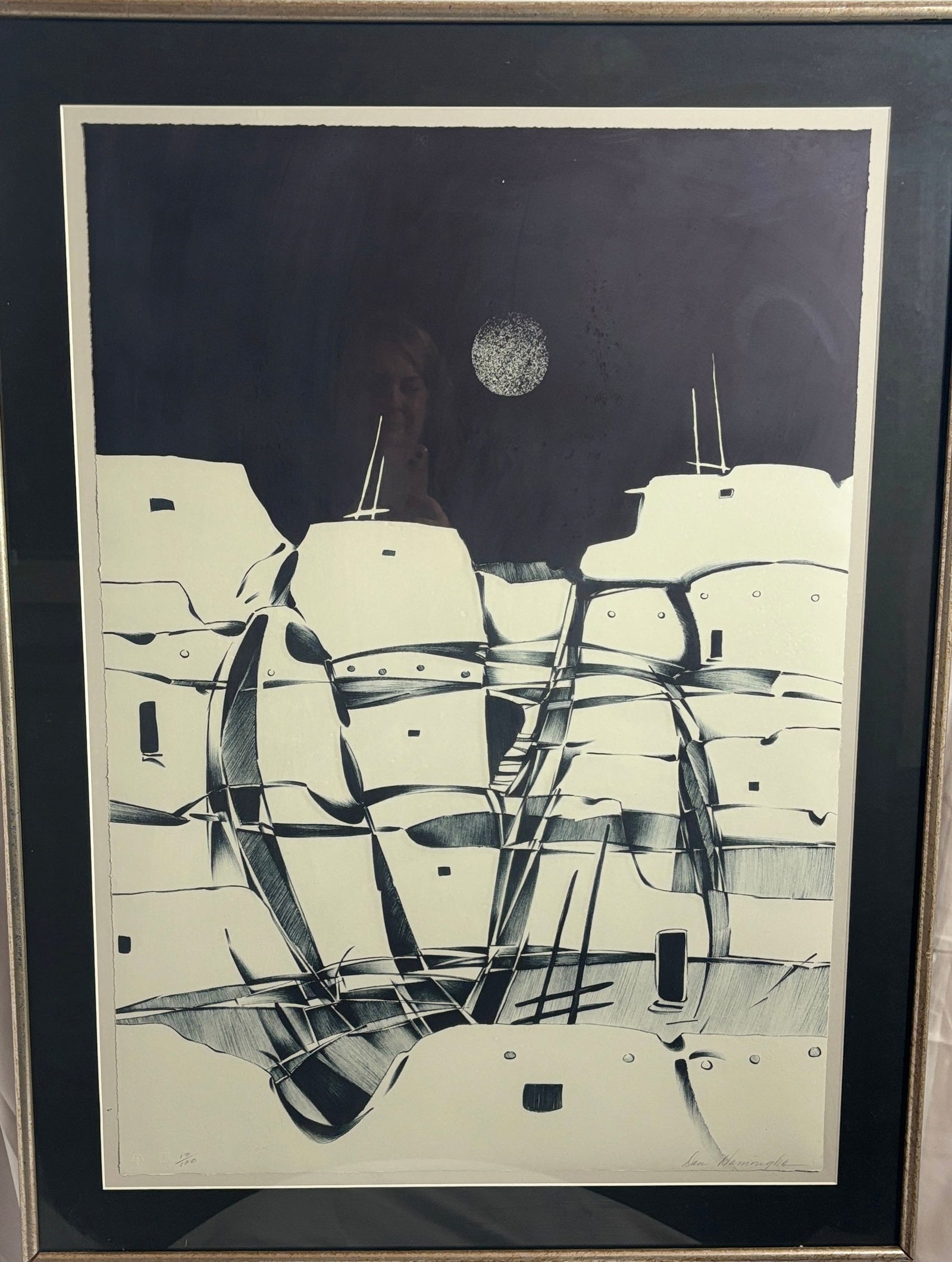 " Night Pueblo", 1979, Dan Namingha: Dan Namingha, b. 1950. Signed and number 13 of 100. Hopi painter and sculptor. He is Dextra Quotskuyva's son, and a great-great-grandson of Nampeyo. He is a member of the Hopi-Tewa member of the Hopi