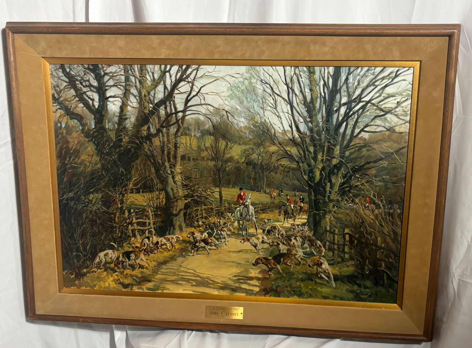 "Cottesmore Hunt" 1971, signed John T. Kenney: John T. Kenney, 1911 - 1972 Kenney was born in 1911 and trained at the Leicester College of Art, the same school that produced Clarence Reginald Dalby, the third illustrator of the Railway Series.