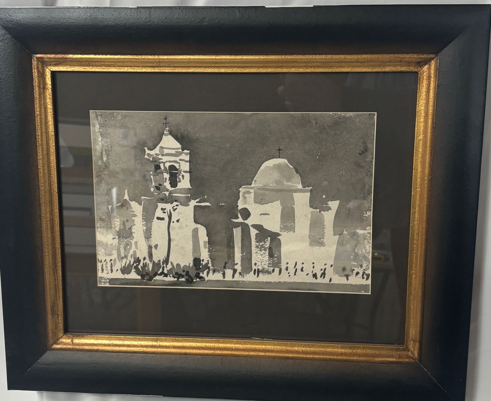"Mission Church", Unknown Artist: Unknown Artist, Beautiful watercolor. Frame has wear.