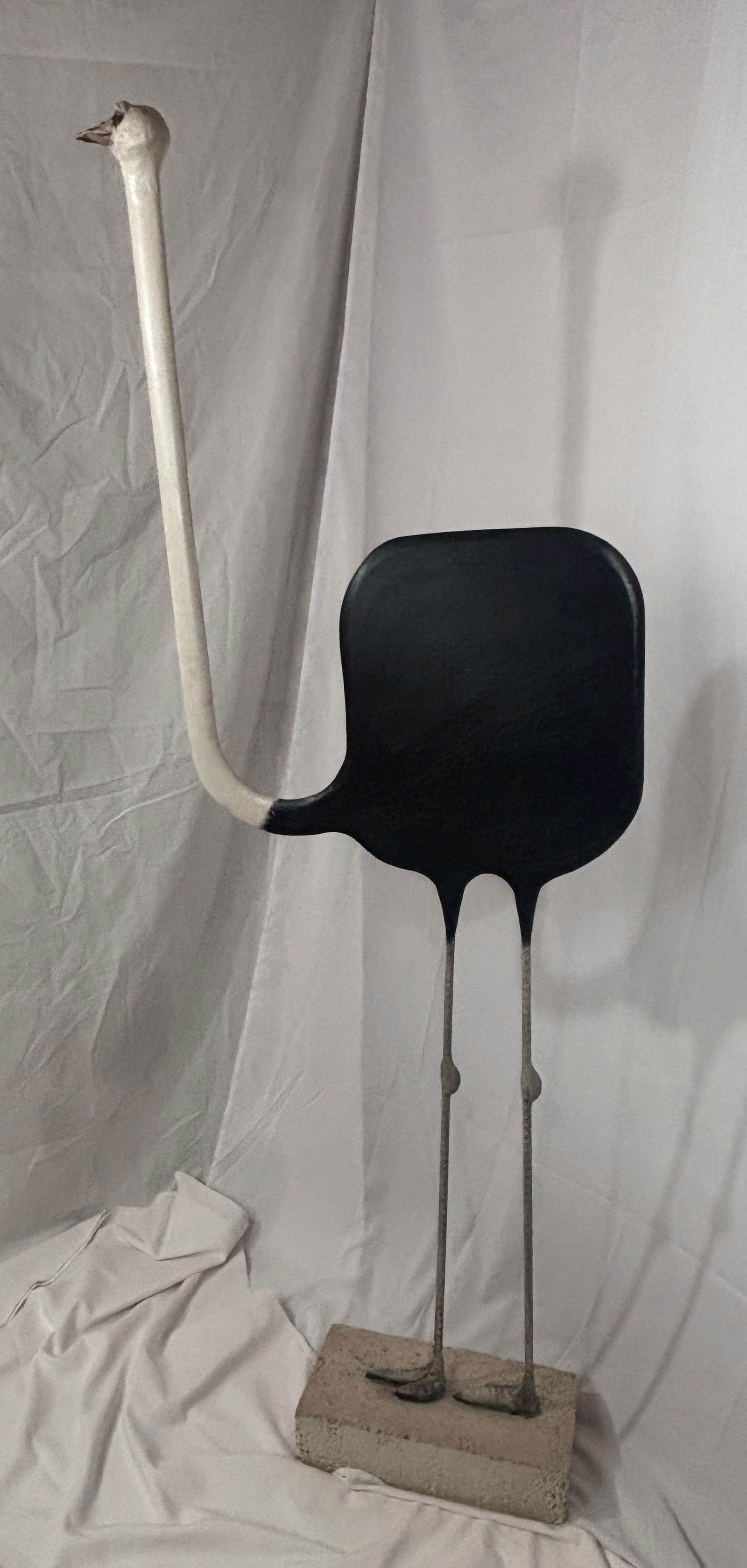 Ostrich Sculpture, Todd Warner: Todd Warner (b. 1945) Mixed media with ceramic and wood, 73" x 26". Warner’s whimsically expressive ostrich figure showcases his signature blend of humor and character in animal form. Distinctive