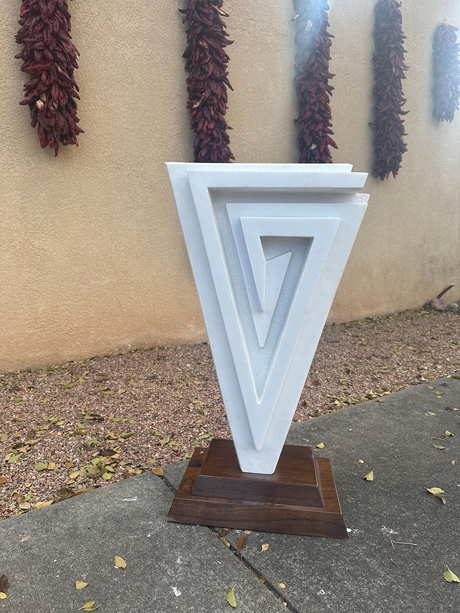 White Marble Sculpture, Lance Yazzie: Lance Yazzie (b. 1976), White marble sculpture, Santa Fe. Yazzie’s work embraces modern abstract forms, allowing a deeply personal and cultural sensibility to emerge—one that resonates directly wi