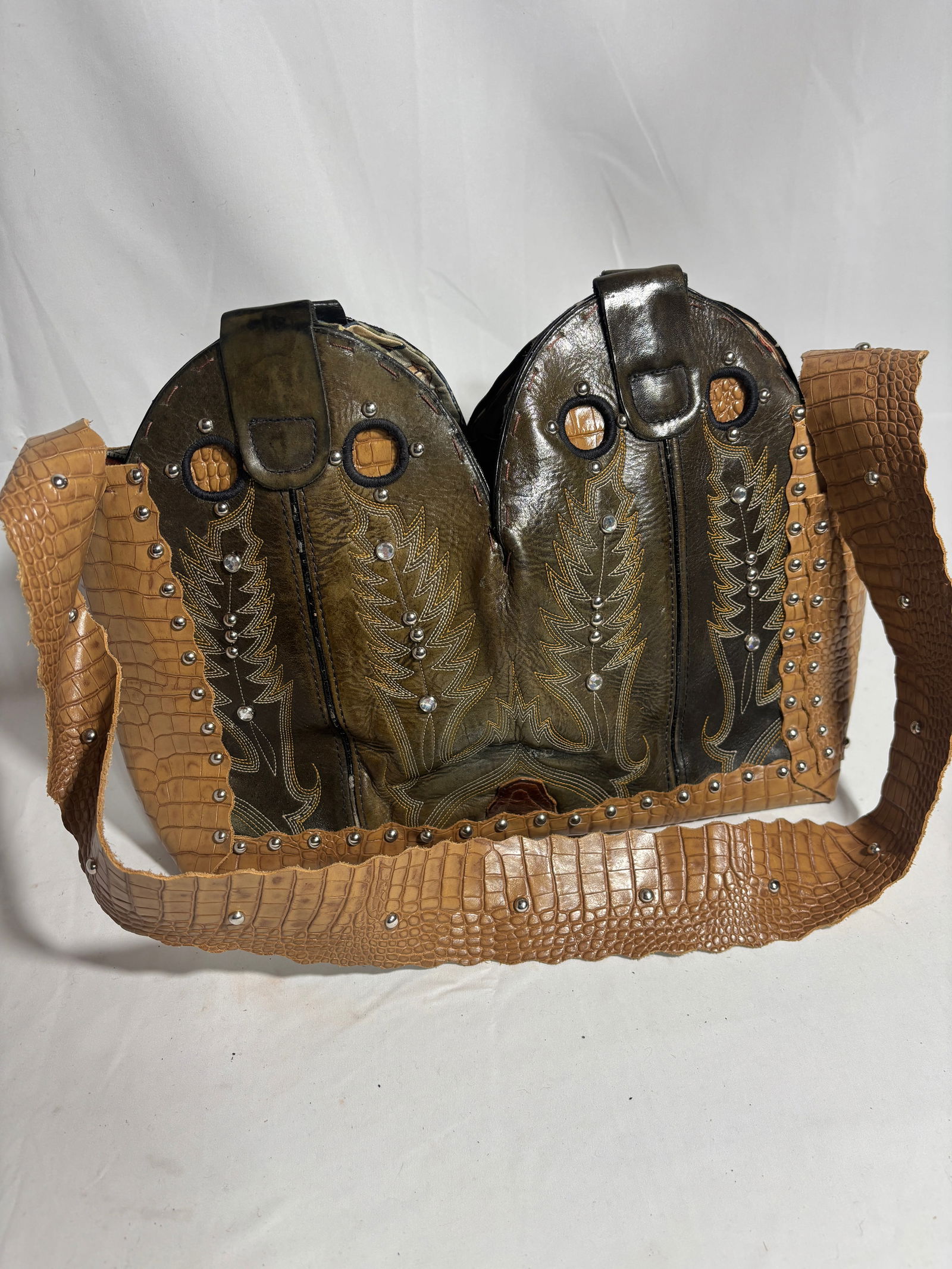 Tan & Olive Billy Ember Trail Cowboy Boot Purse: Tan & Olive Billy Ember Trail Cowboy Boot Purse – Western Leather Double Strap Handbag. This striking vintage handbag is crafted from authentic Western cowboy boot leather in complementary tan and