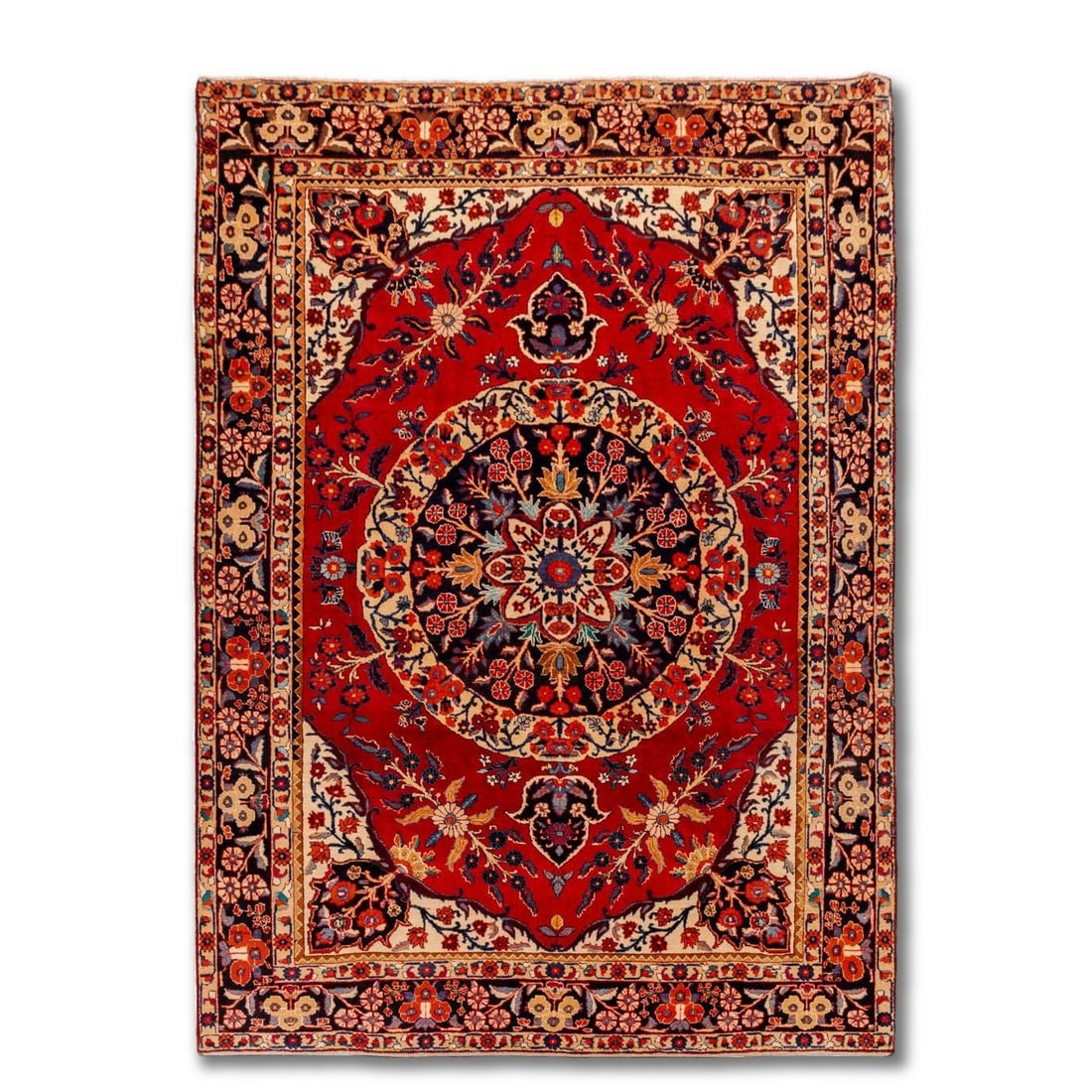 1940S PERSIAN RUG FROM ARDABIL WITH COTTON FOUNDATION AND WOOL PILE: 343 cm x 252 cm (135 in x 99 in) 1940s Persian Rug from Ardabil with Cotton Foundation and Wool Pile. This rug features a rich red background adorned with intricate floral and geometric patterns cente