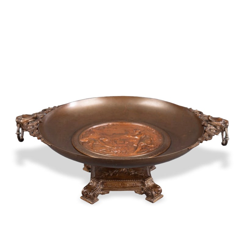 19TH CENTURY FRENCH ROMANESQUE STYLE HEAVY COPPER RELIEF CENTERPIECE FRUIT BOWL: Length 63cm (24 7/8 inches), Width 48cm (18 7/8 inches), Height 21cm (8 1/4 inches)
