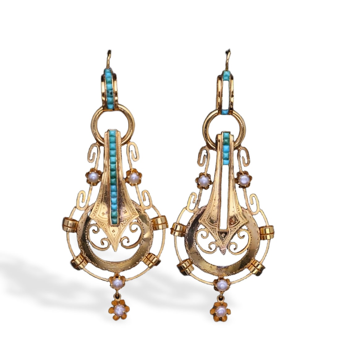 NAPOLEON III 18K GOLD TURQUOISE WILD PEARL LARGE EARRINGS: NAPOLEON III 18K GOLD TURQUOISE WILD PEARL LARGE EARRINGS Dimensions: 60 × 25 mm (2 3/8 × 1 in) French goldwork, horsehead hallmark, Greek doctor's head hallmark, goose-neck clasp, hammered texture,