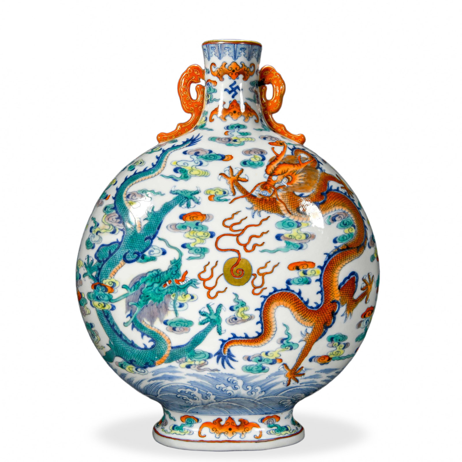 A DOUCAI 'DRAGONS' MOONFLASK: A DOUCAI 'DRAGONS' MOONFLASK Dimensions: Height: 34 cm (13.4 in.), Width: 26 cm (10.2 in.). All measurements are approximate. This magnificent moon flask exemplifies the height of Qing imperial porcel