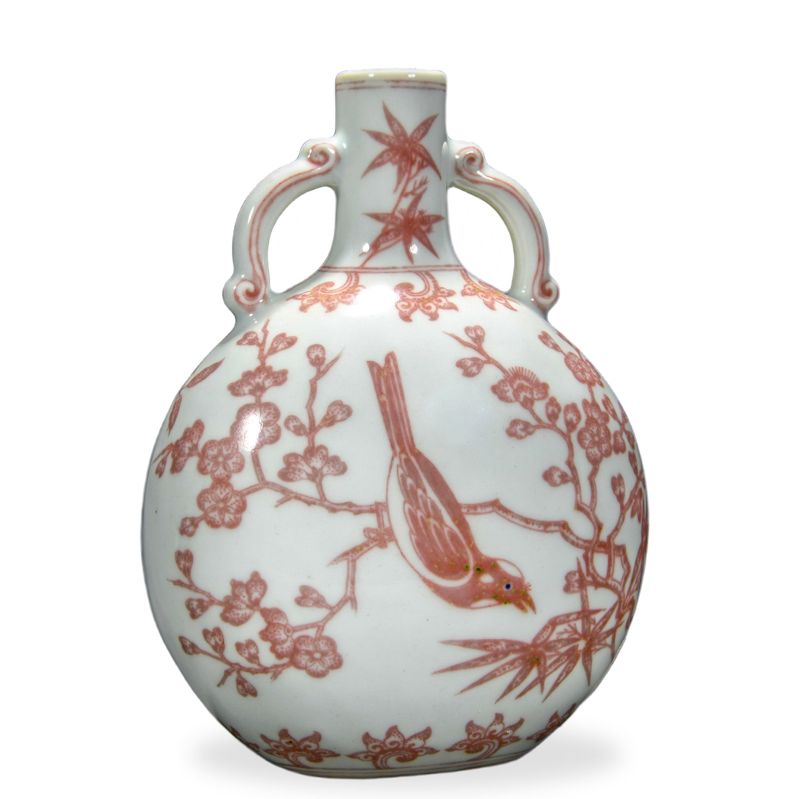 A COPPER RED 'MAGPIE ON PLUM' MOONFLASK: A COPPER RED 'MAGPIE ON PLUM' MOONFLASK Dimensions: Height: 18 cm (7.1 in.), Width: 13.5 cm (5.3 in.). All measurements are approximate. This elegant moon flask features a refined copper red decoratio