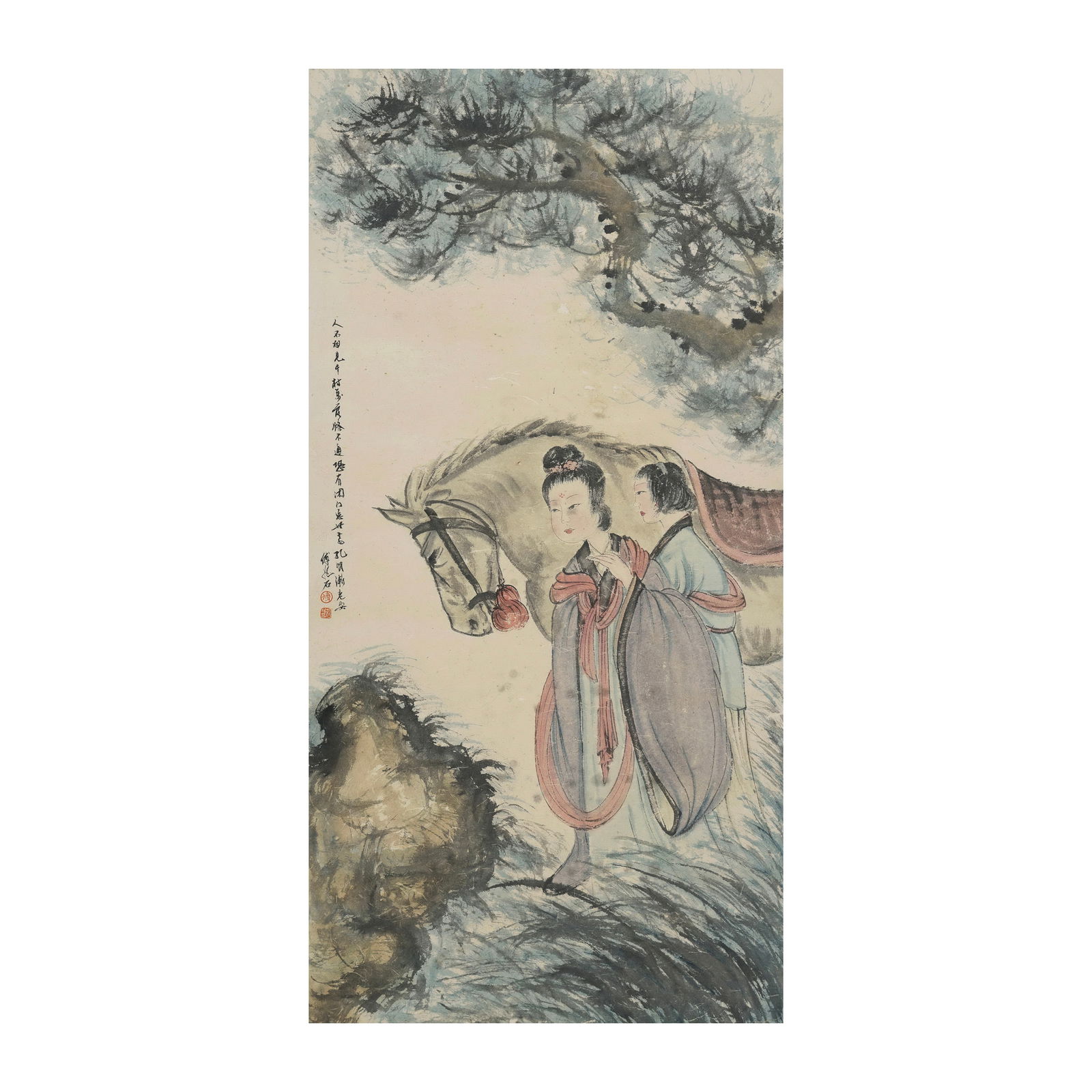 FU BAOSHI (1904-1965), ATTRIBUTED TO, INK AND COLOR ON PAPER: Image Dimensions: 53 1/8 x 26 3/4 in (135 x 68 cm) Fu Baoshi, a leading figure in modern Chinese painting, is renowned for revitalizing traditional themes with expressive brushwork and poetic composit