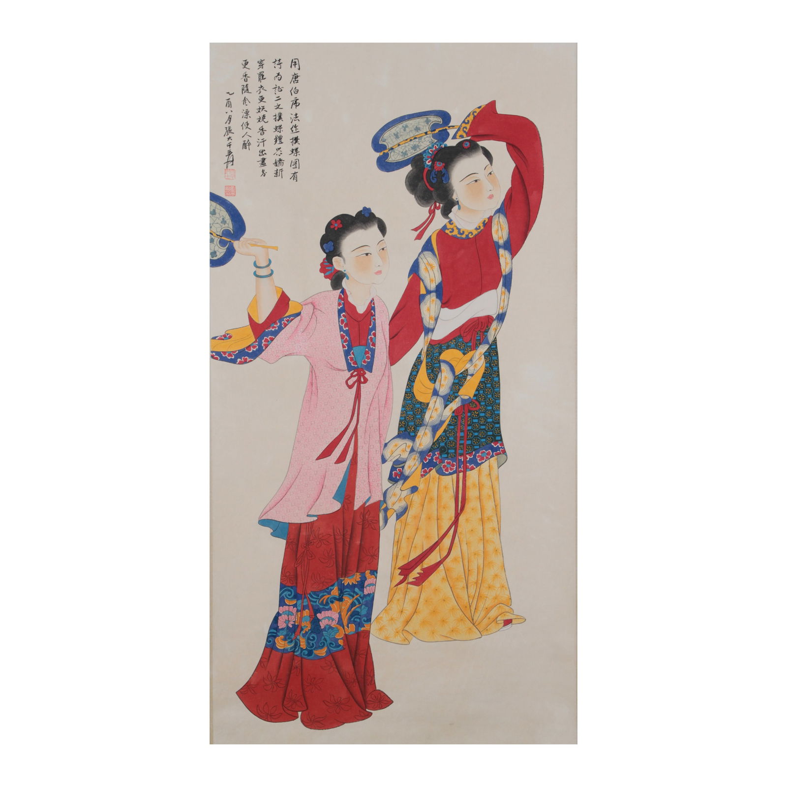 ZHANG DAQIAN (1899-1983), ATTRIBUTED TO, INK AND COLOR ON PAPER: Image Dimensions: 51 1/8 x 26 in (130 x 66 cm) This exquisite painting depicts two elegant court ladies of the Tang dynasty, gracefully attired in elaborate robes and delicately holding round fans. Th