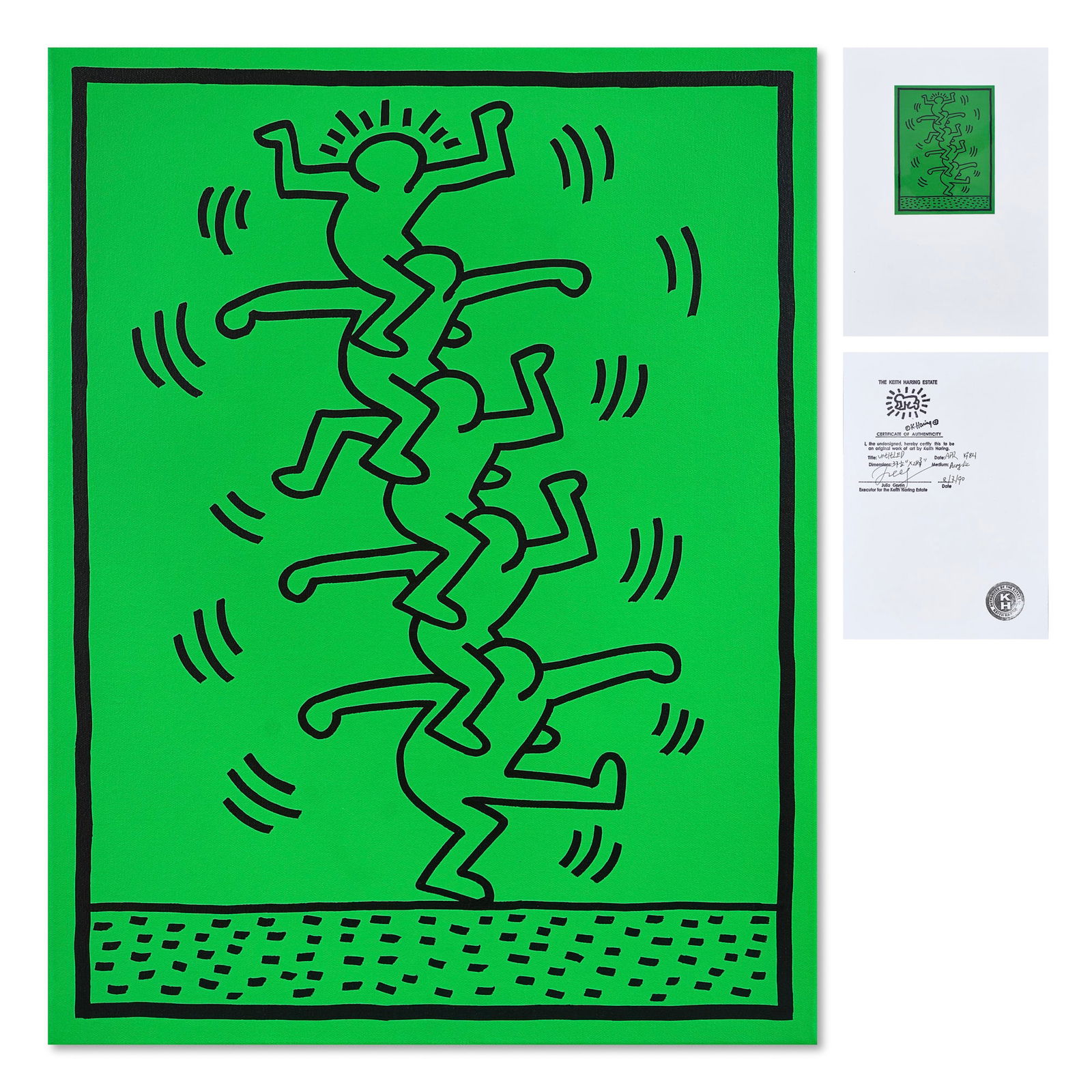 KEITH HARING (1958-1990), ATTRIBUTED TO, ACRYLIC ON CANVAS: Signed (verso) Image Dimensions: 37 1/2 x 28 3/4 in (95 x 73 cm) This painting comes with COA. Keith Haring was one of the most influential artists of the 1980s, known for his instantly recognizable v