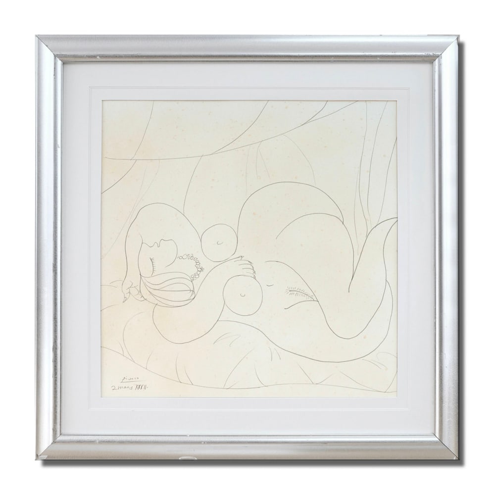 PABLO PICASSO (1881-1973), ATTRIBUTED TO, PENCIL ON PAPER: Image Dimensions: 26 3/8 x 26 3/8 in. (67 x 67 cm) Signed lower left This elegant pencil drawing by Pablo Picasso, dated 1932, exemplifies the artist's mastery of line and form during one of his most