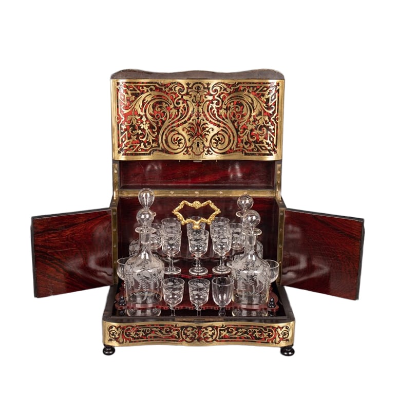 19TH CENTURY BOULLE CRAFT WINE CABINET AND GLASSWARE SET (1 of 5)