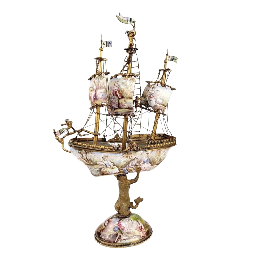 19TH CENTURY EXQUISITE VIENNESE ENAMEL SHIP: H: 10 1/4 in (26 cm)