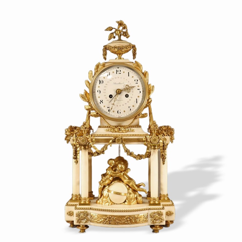 18TH CENTURY FRENCH ROCOCO WHITE MARBLE CHURCH-THEMED MANTEL CLOCK (1 of 2)