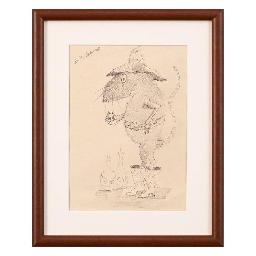 EDIE SEDGWICK SIGNED CARTOON RAT SKETCH: Image Dimensions: 8 3/4 x 12 1/2 in (22.2 x 31.7 cm) Framed Dimensions : 17 3/4 x 14 1/8 in (45.2 x 36 cm) This signed cartoon-style sketch by Edie Sedgwick represents a compelling intersection of Pop
