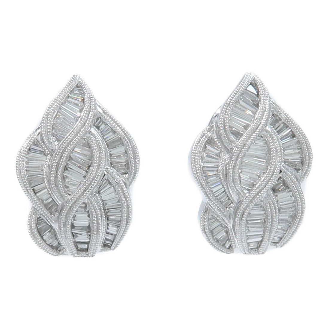 DIAMOND-SET PLATINUM FOLIATE EAR CLIPS WITH BAGUETTE-CUT DIAMOND CASCADES (20TH CENTURY) (1 of 3)