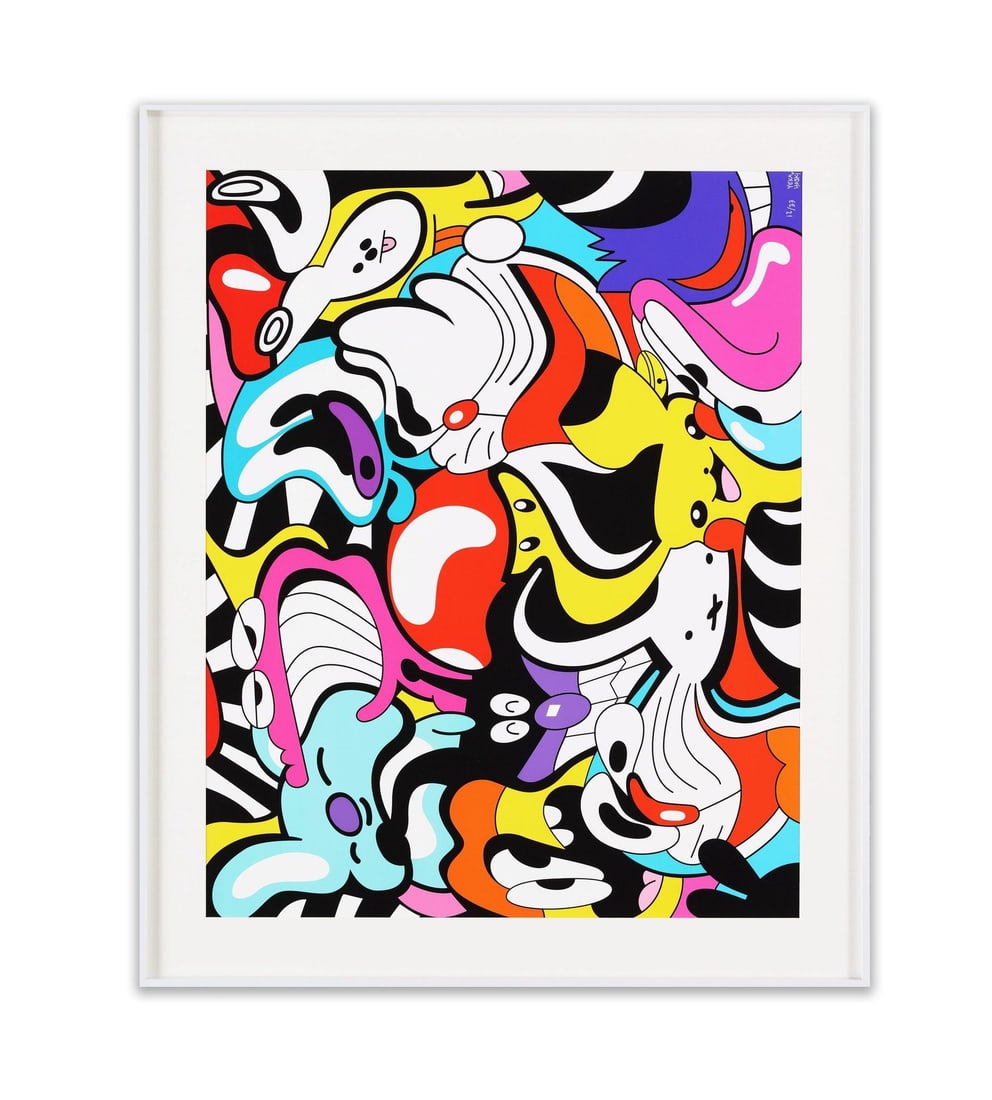 KAWS (B. 1974), SCREENPRINT: KAWS (B. 1974), SCREENPRINT Provenance and Authenticity: This work is catalogued as an editioned screenprint by KAWS. The supplied photograph shows the framed presentation, printed image, margin struc