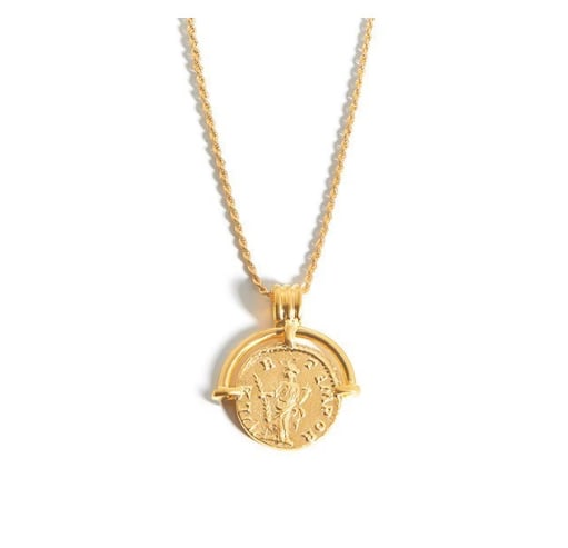 GOLD COIN PENDANT NECKLACE: GOLD COIN PENDANT NECKLACE Description: A yellow-gold necklace featuring a circular coin-form pendant in a raised mounting, the medallion decorated with a classical standing figure and surrounding rel