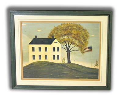 House and Flag (Americana Scene) Print By Warren Kimble: Art > Prints & Multiples > Wall Art > Home Décor A charming folk art print by iconic American artist Warren Kimble, known for his instantly recognizable primitive-style imagery. This piece features a