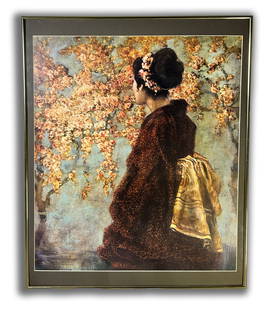 Cherry Blossoms by Jill O’Flannery: Art > Prints & Multiples > Wall Art > Home Décor A stunning and elegant portrait titled Cherry Blossoms by Jill O’Flannery, depicting a woman in traditional attire standing gracefully before a wall